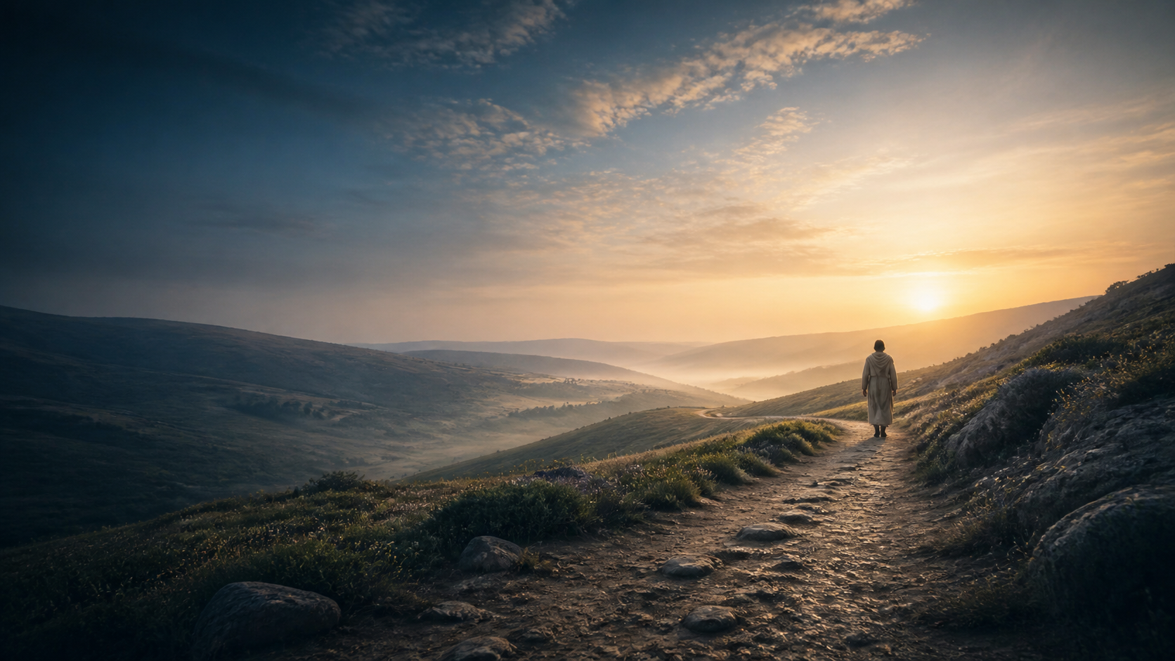 Un caminante avanza por un sendero al amanecer