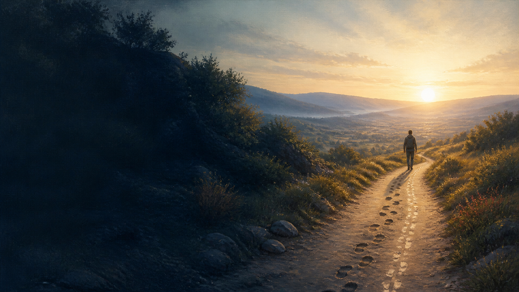 Una persona recorre un camino al amanecer acompañada por un segundo rastro de huellas