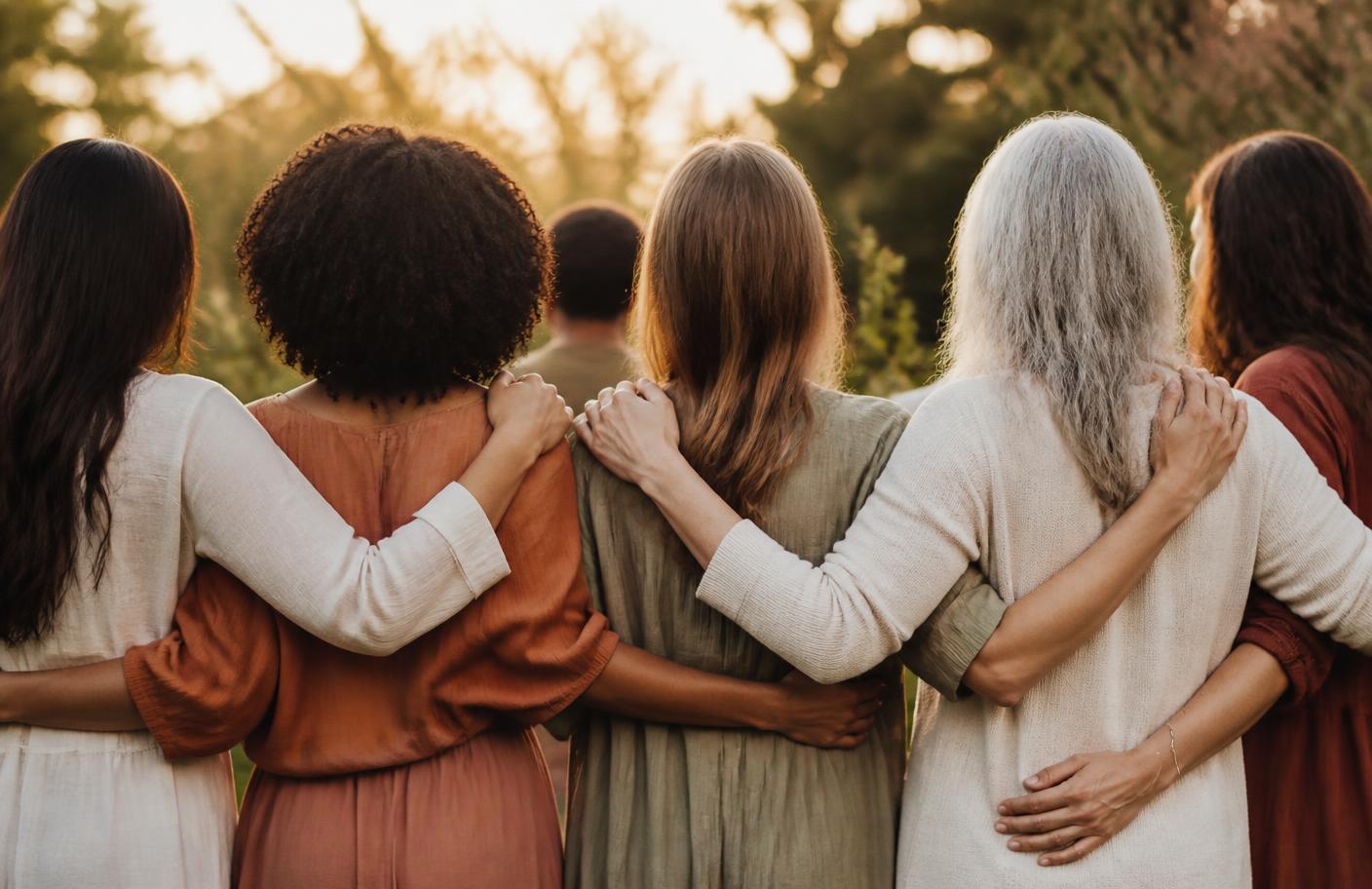 Grupo de personas de espaldas, abrazadas, mirando la luz cálida del atardecer