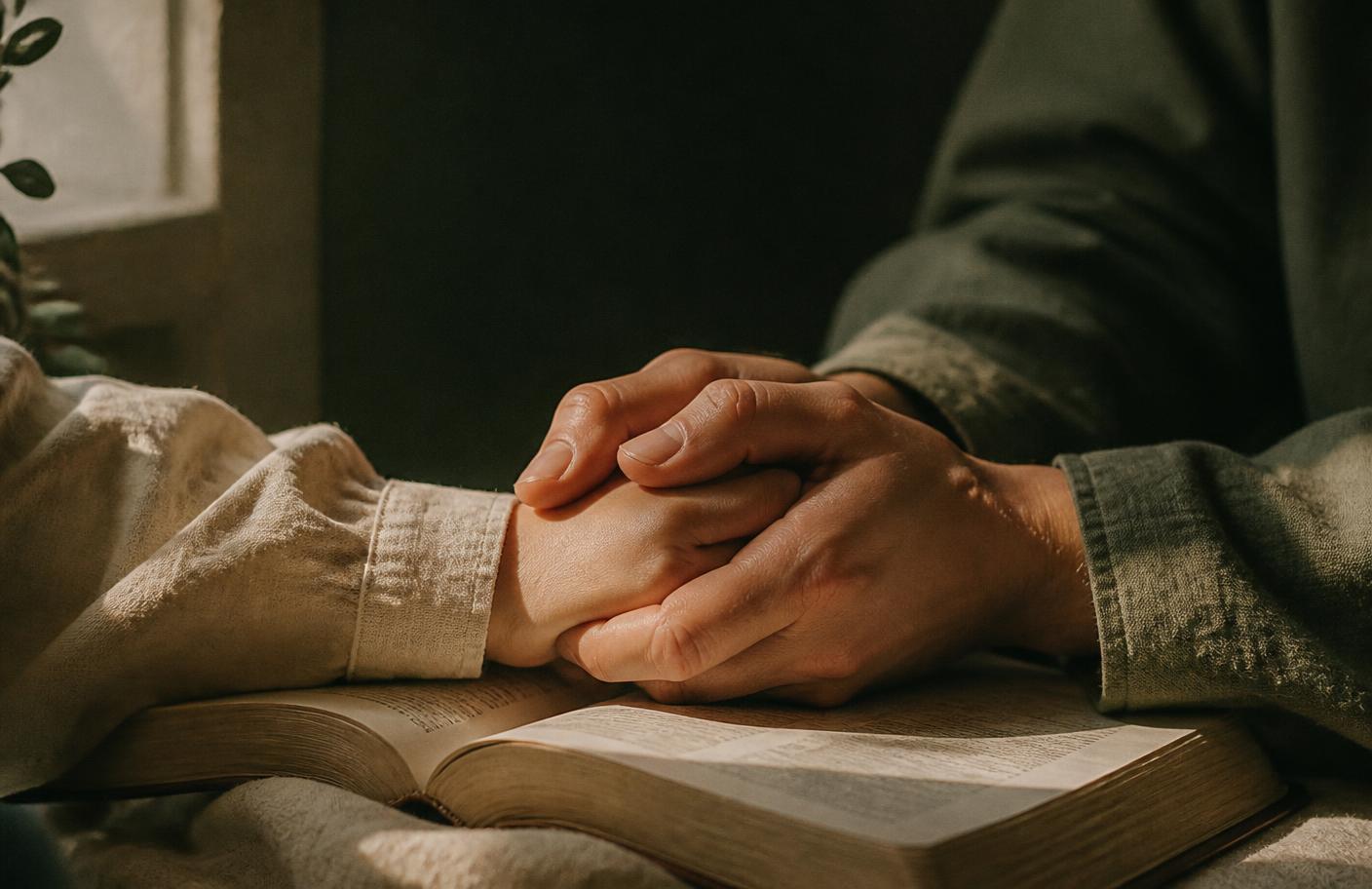 Manos unidas con delicadeza sobre una Biblia abierta con luz tenue