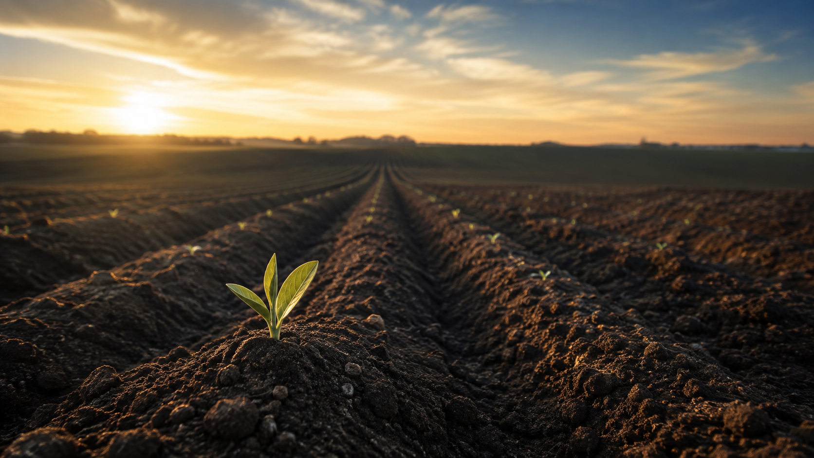 Brotes pequeños en un campo cultivado al amanecer
