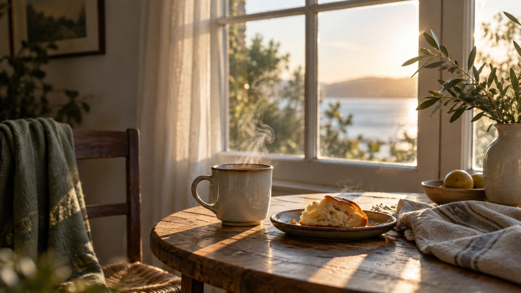 Taza y pan sobre una mesa junto a una ventana