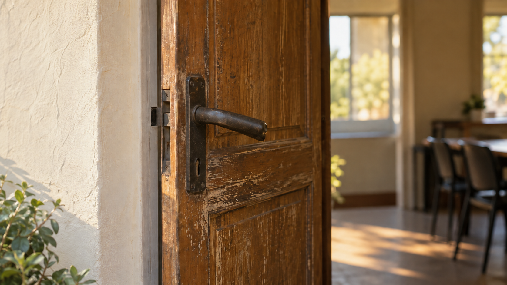 Puerta sencilla de madera entreabierta, sin personas ni manos, con luz cálida