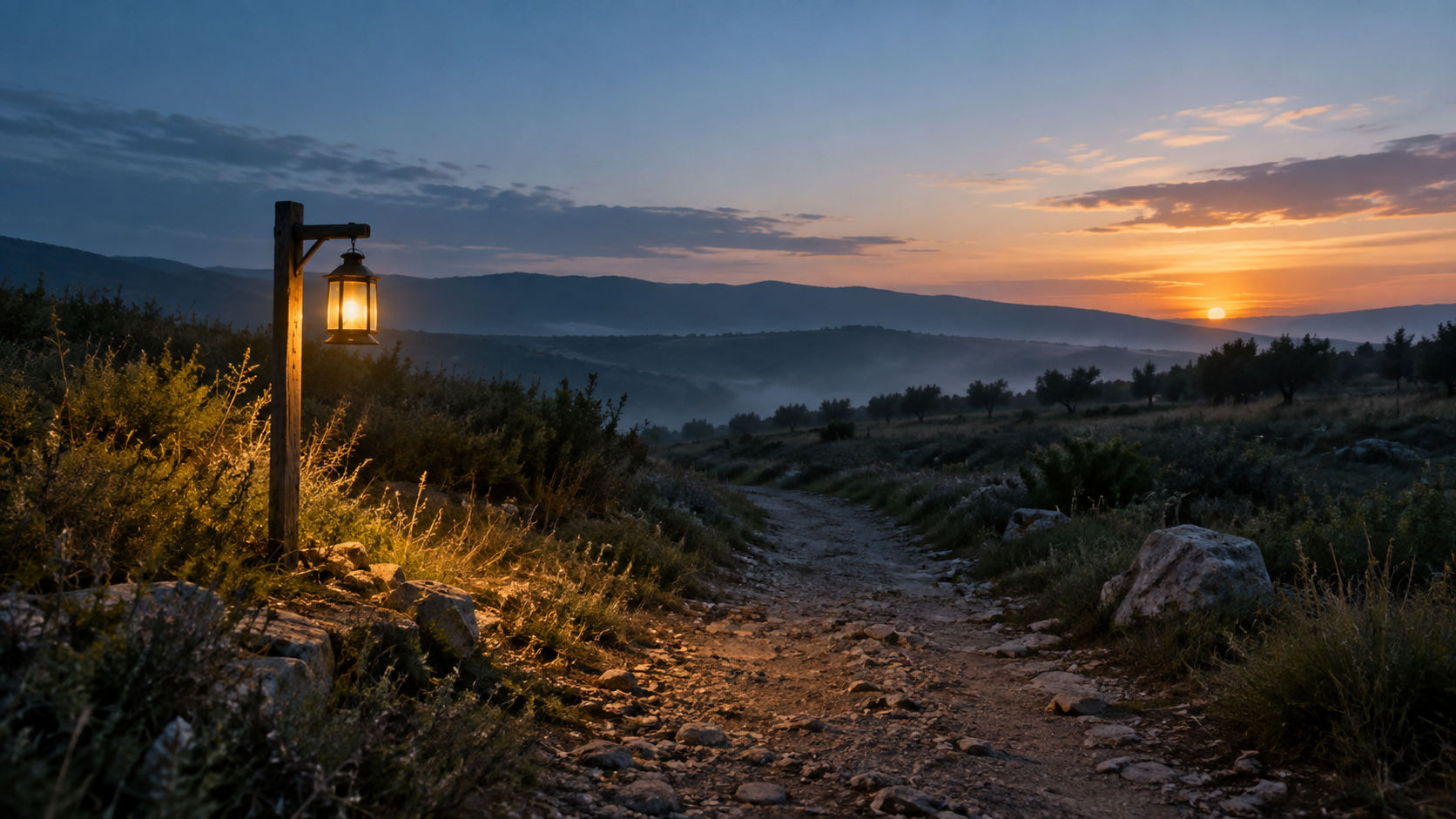 Farol junto a un sendero al amanecer