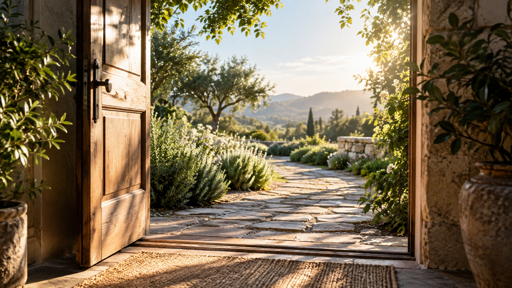 Puerta abierta hacia un camino de piedra y un jardín luminoso