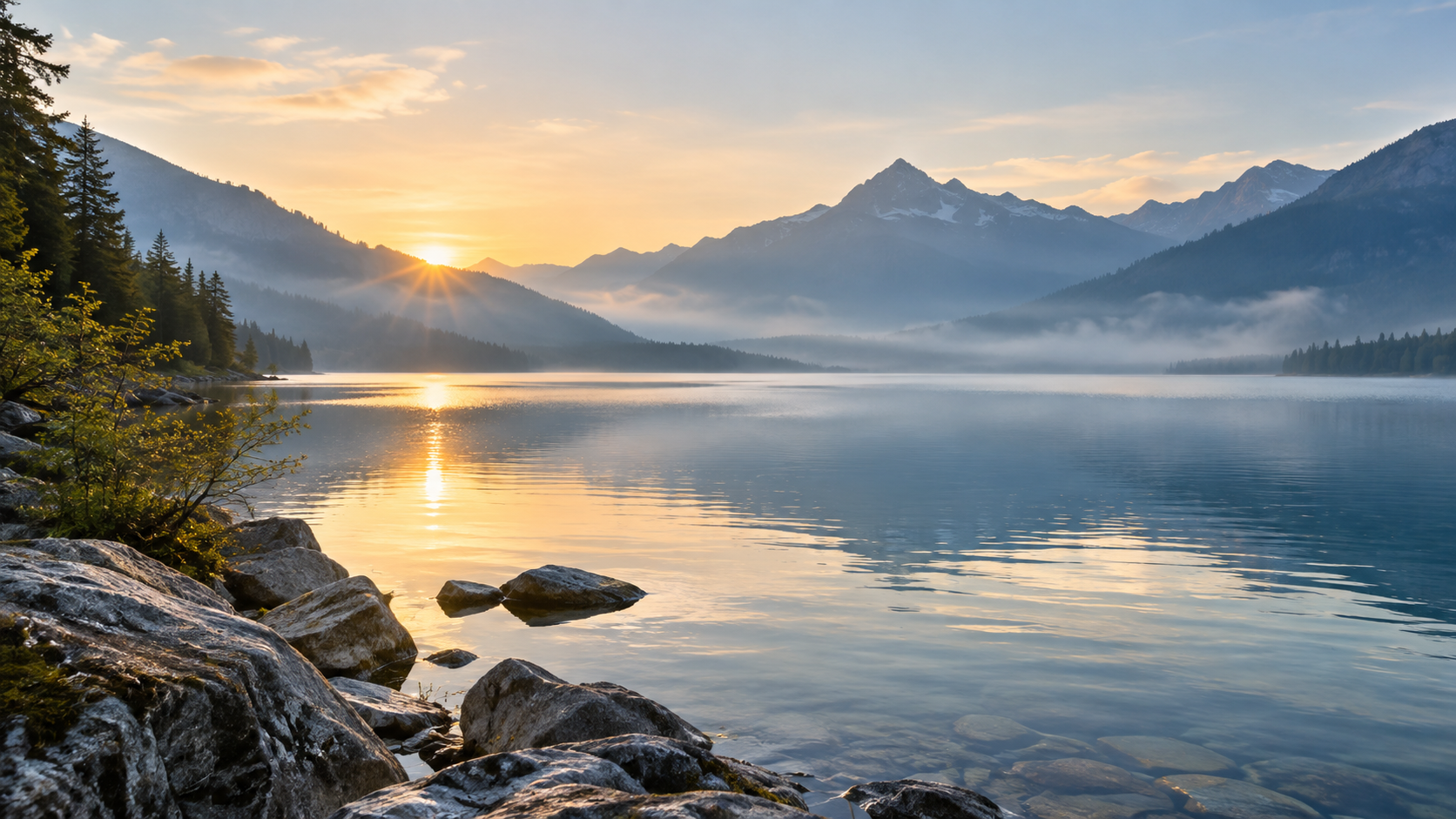 Lago sereno con montañas y neblina bajo la primera luz del amanecer