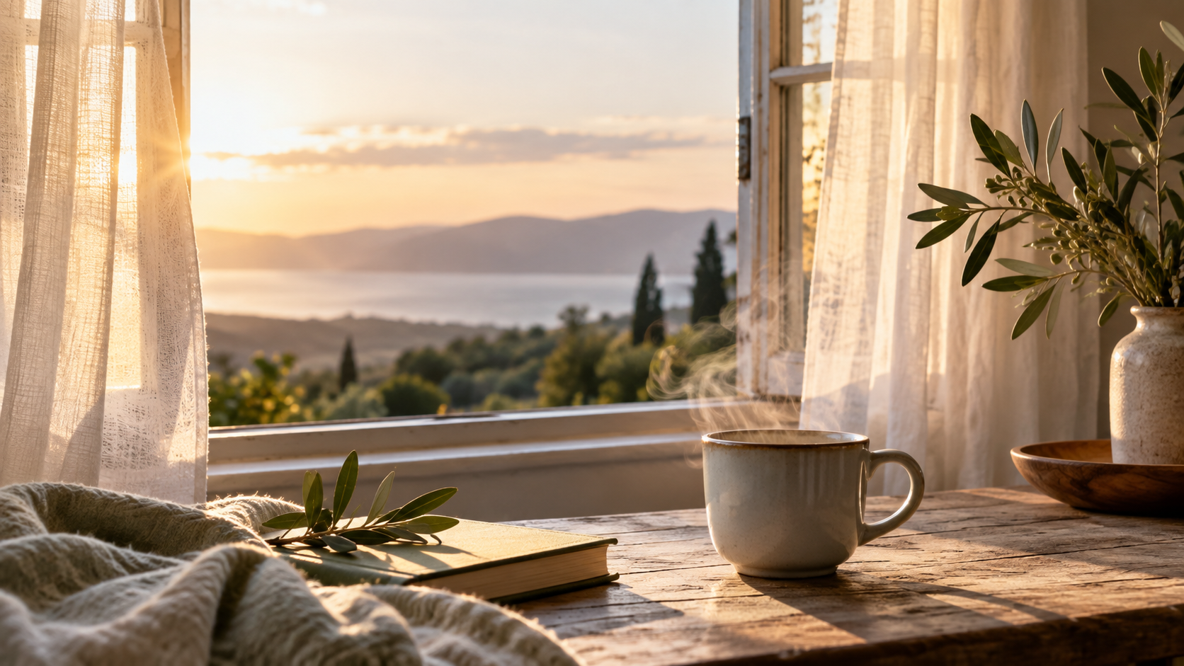 Ventana abierta y taza sobre una mesa con luz suave de la mañana
