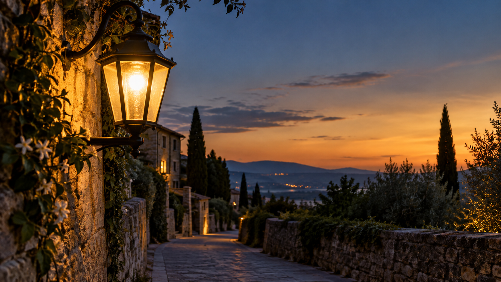 Farol encendido junto a un sendero tranquilo al anochecer