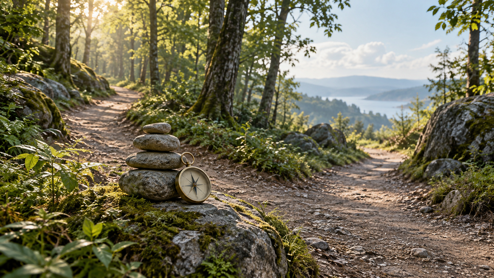 Cruce de senderos con piedras y una brújula en el bosque