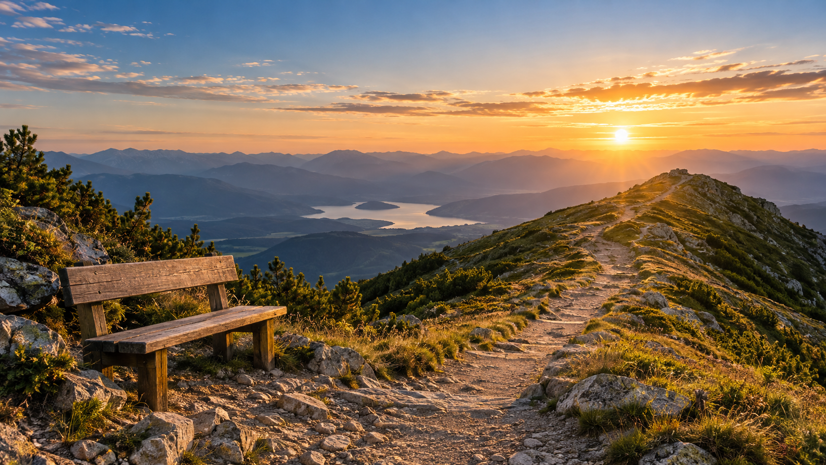 Sendero de montaña y banca vacía bajo la luz del amanecer