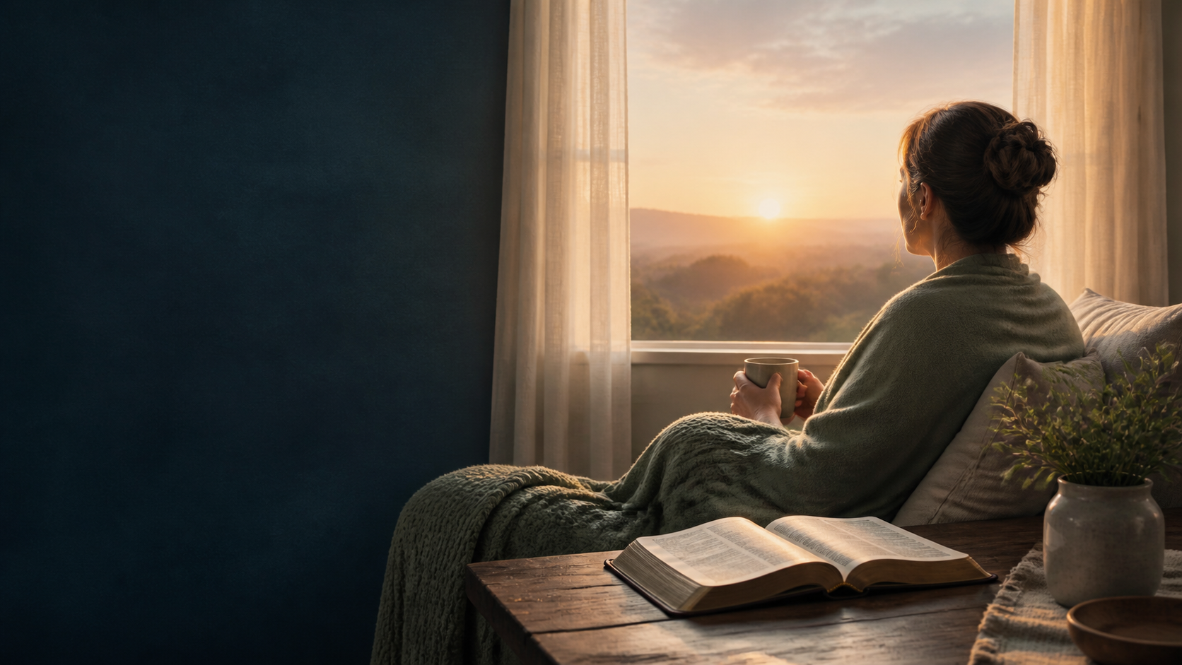 Una mujer descansa junto a una ventana al amanecer con una Biblia abierta cerca