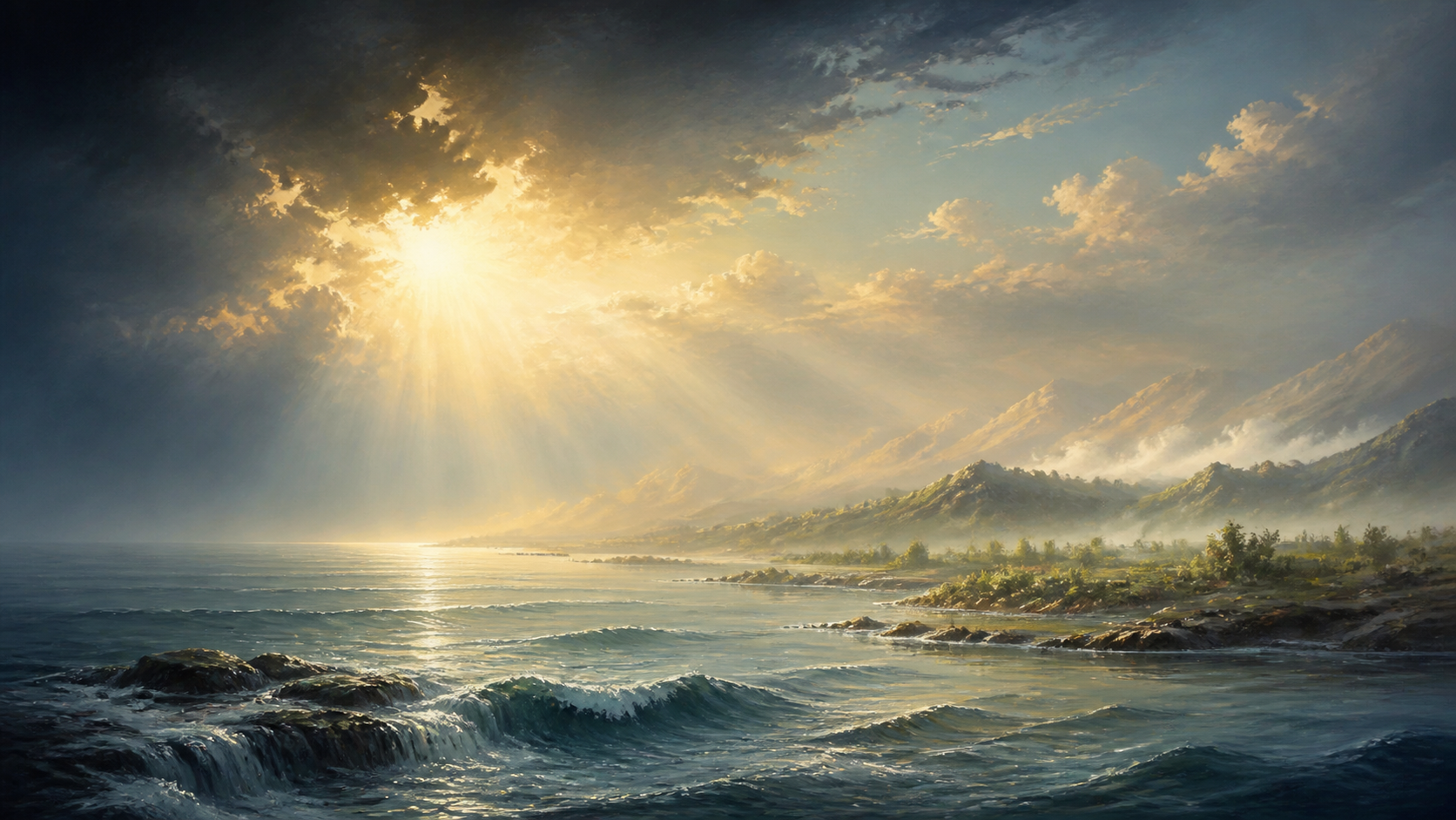 La luz del amanecer atraviesa las nubes sobre el mar y una tierra que comienza a llenarse de vegetación