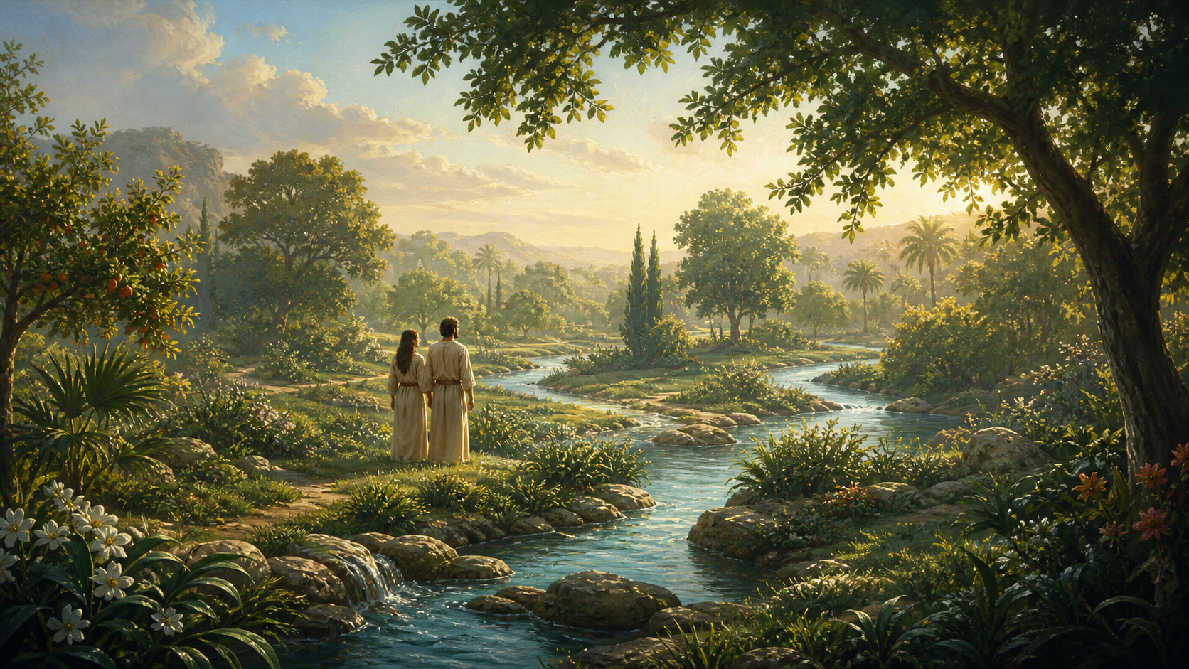 Un jardín abundante al amanecer, recorrido por un río, con un hombre y una mujer contemplando juntos la creación