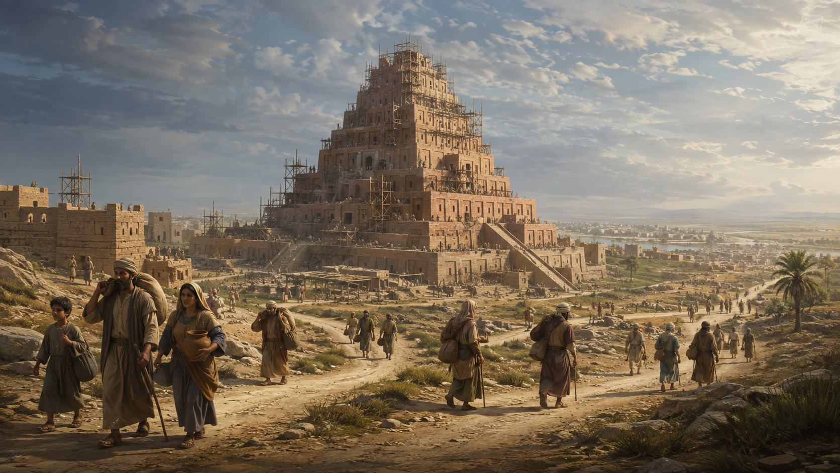 Ilustración de una torre escalonada de ladrillo sin terminar y grupos de personas que parten por distintos caminos en la llanura de Sinar