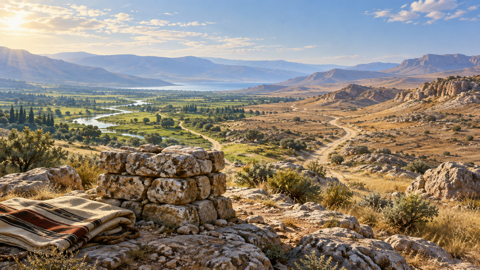Dos caminos vacíos se separan entre una llanura verde y colinas secas, vistos desde un altar de piedras