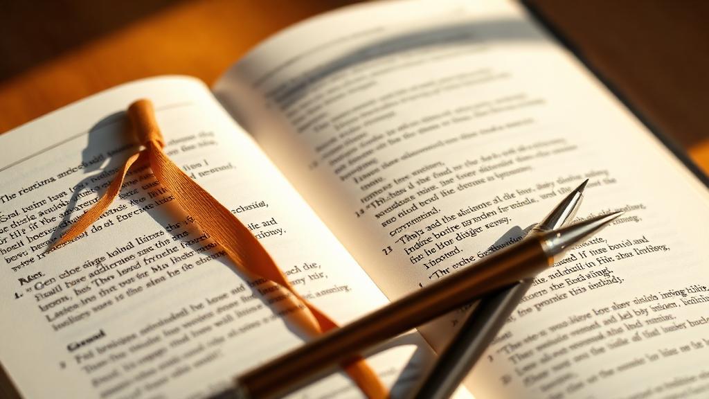 Páginas de una Biblia con separador de cinta y una pluma