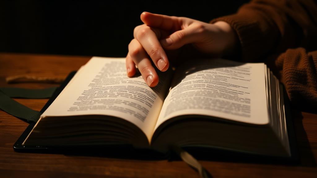 Manos unidas en oración sobre un libro abierto