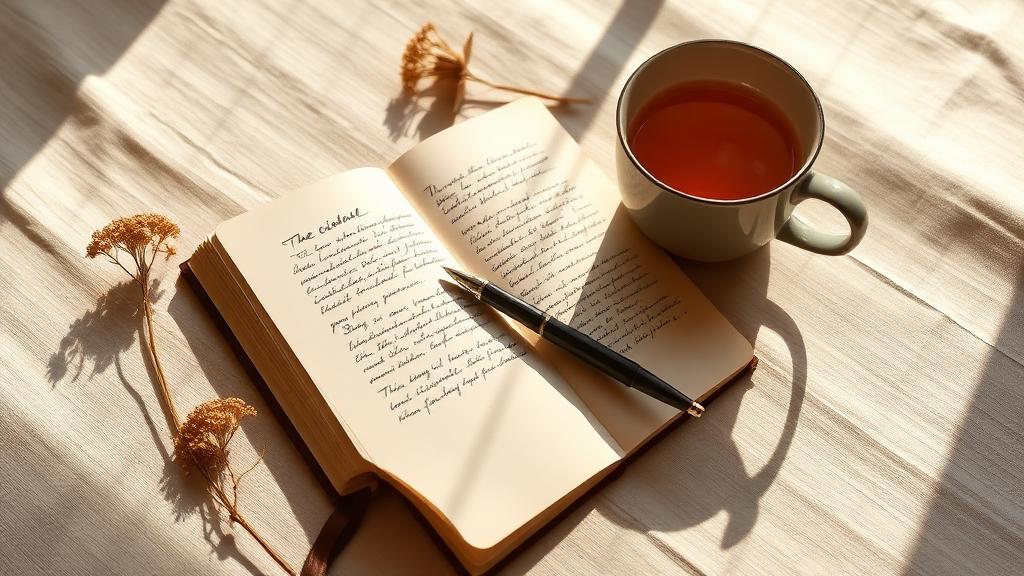 Libreta abierta escrita a mano con una pluma y una taza de té sobre mantel de lino
